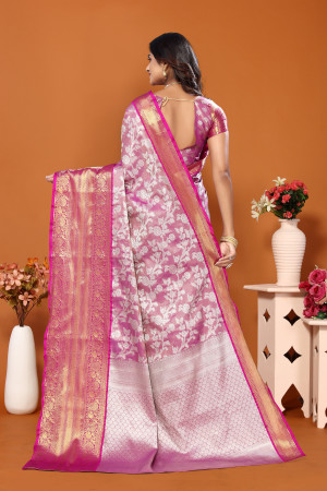 Light magenta color banarasi silk saree with zari weaving work