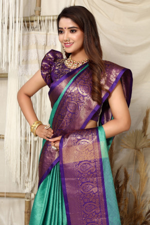 Rama green color soft cotton silk saree with woven design