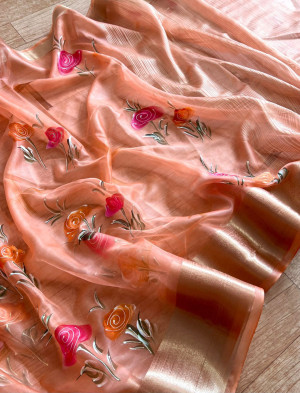Peach color organza silk saree with printed work