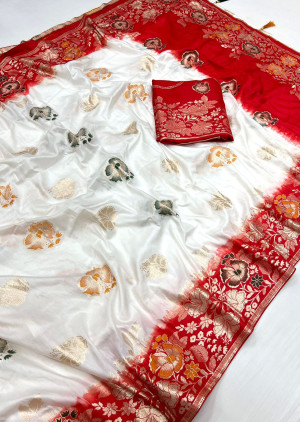 White color soft muslin silk saree with zari weaving work