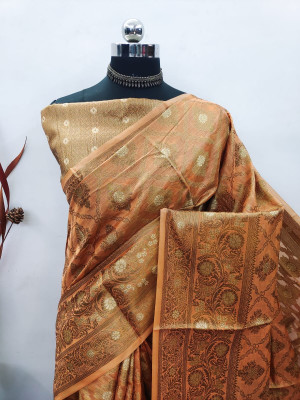 Peach color soft handloom cotton saree with zari weaving work
