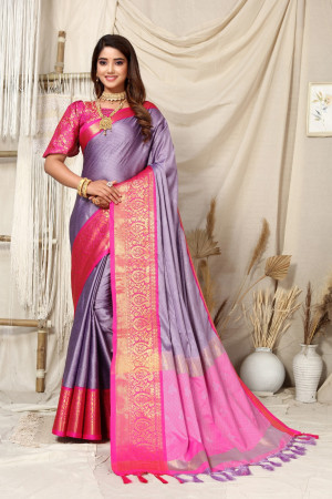 Lavender color soft cotton silk saree with woven design