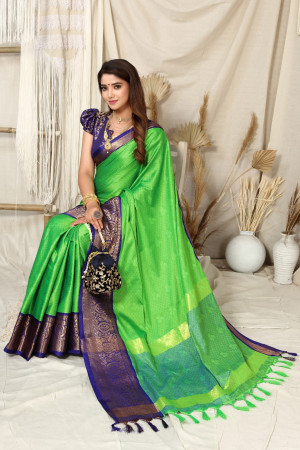 Parrot green color soft cotton silk saree with woven design