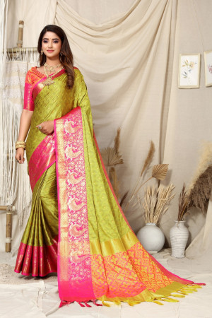 Lemon yellow and rani pink color soft cotton silk saree with woven design