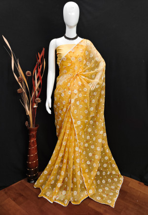 Yellow color simar silk saree with printed work