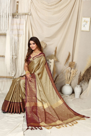 Beige color soft cotton silk saree with woven design