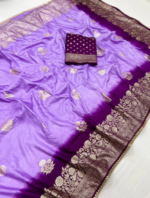 Lavender color soft muslin silk saree with zari weaving work