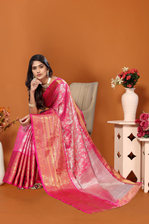 Peach color banarasi silk saree with zari weaving work