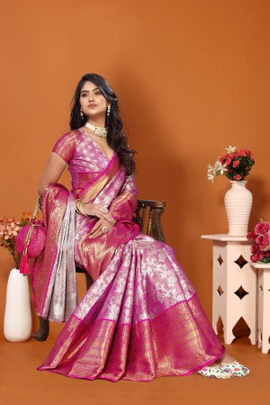 Light magenta color banarasi silk saree with zari weaving work