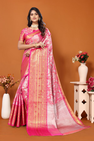 Peach color banarasi silk saree with zari weaving work