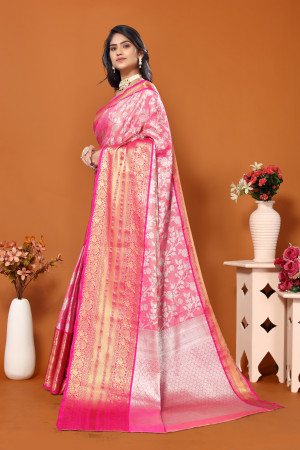 Peach color banarasi silk saree with zari weaving work