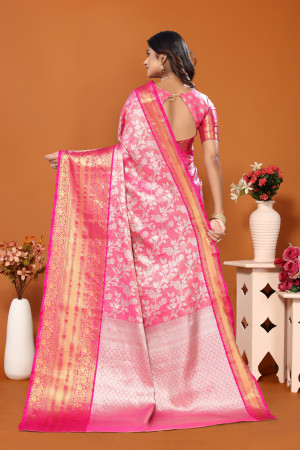 Peach color banarasi silk saree with zari weaving work