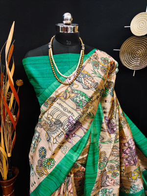 Rama green color tussar silk saree with kalamkari printed design