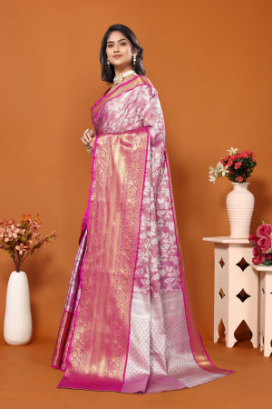 Light magenta color banarasi silk saree with zari weaving work