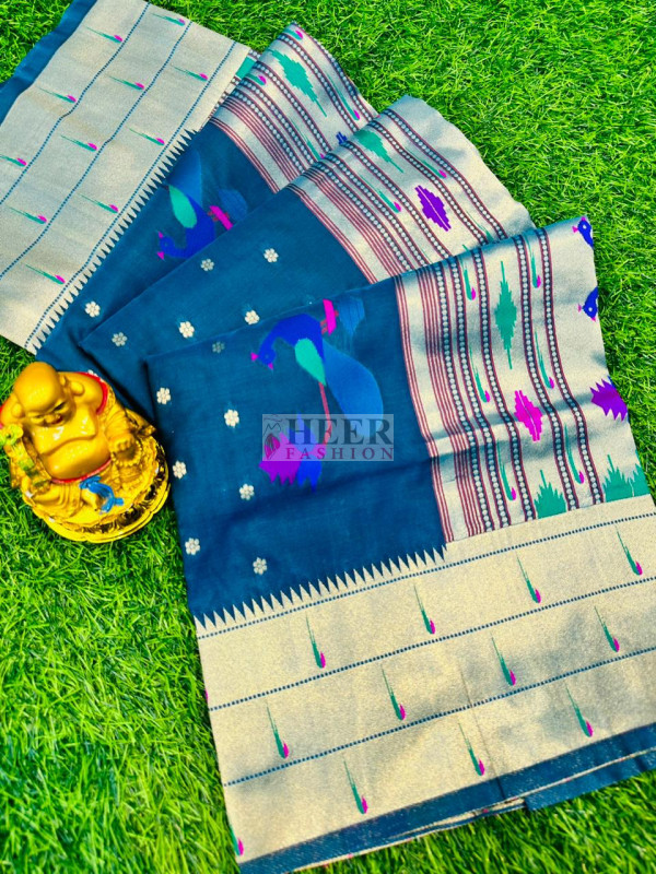 Rama Paithani Silk Saree with Zari Weaving, Meenakari Pallu & Double Munia Border main image 1