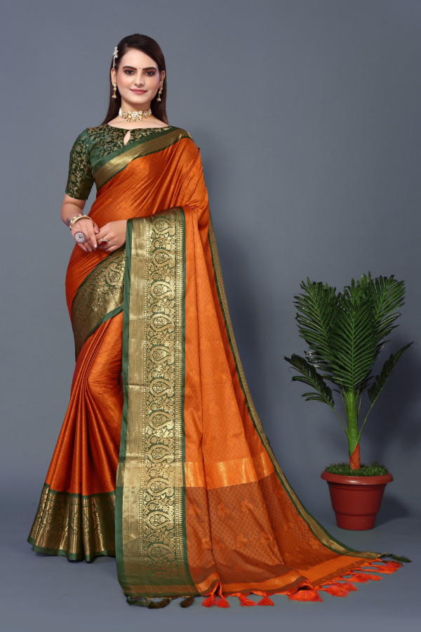 Tvis and Bliss. Orange and Green Pochampally Border Uppada Silk Saree