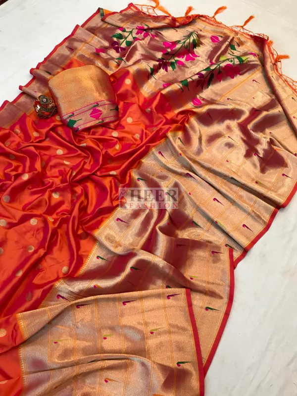 Peach color paithani silk saree with zari weaving work
