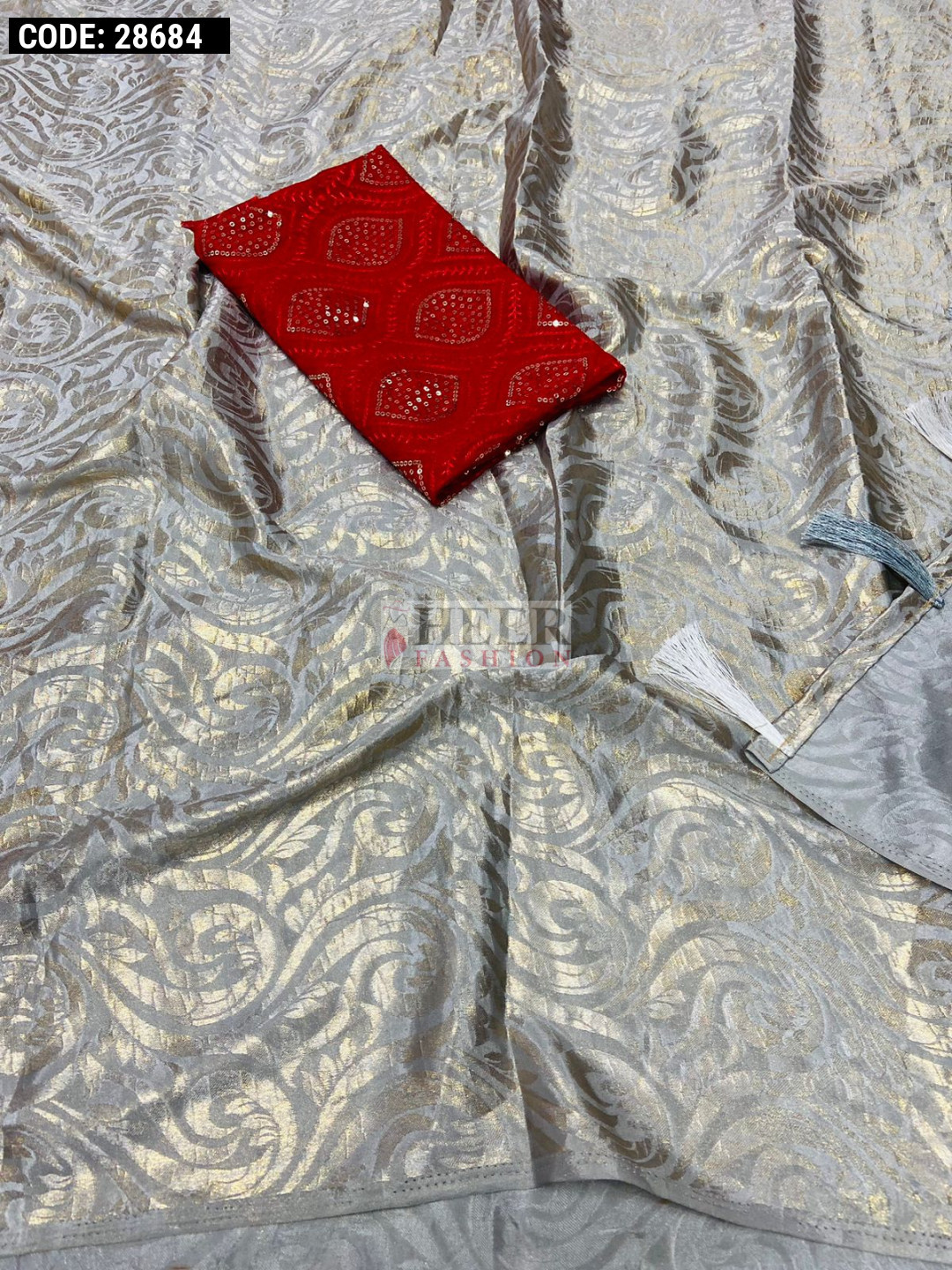 Women Party Wear Foil Print Work Dola Silk Saree With Un Stitched Blouse