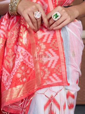 White and red zari weaving chanderi cotton silk saree