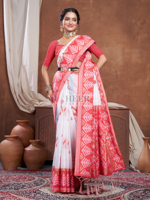 White and red zari weaving chanderi cotton silk saree