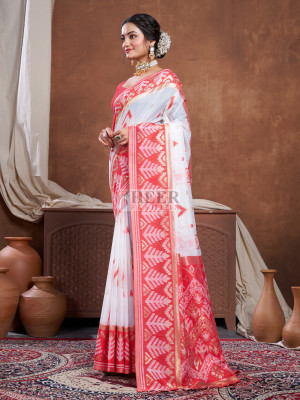 White and red zari weaving chanderi cotton silk saree