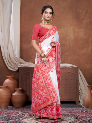 White and red zari weaving chanderi cotton silk saree