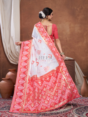 White and red zari weaving chanderi cotton silk saree
