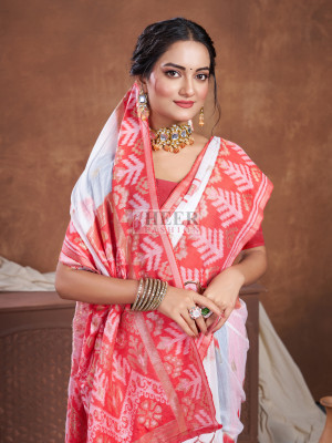 White and red zari weaving chanderi cotton silk saree