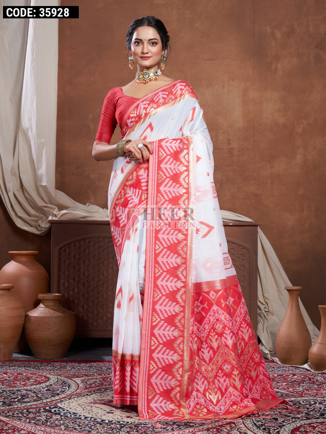 Rich Chanderi cotton silk saree with woven zari designs, store Red and zari woven peacock design Chanderi saree with stitched blouse on demand