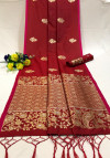 Red color soft banarasi silk saree with zari weaving pallu and butti