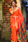 Orange color banglori raw silk  Zari Woven work saree