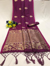 Wine color soft banarasi silk saree with zari weaving pallu and butti