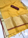 Yellow color linen silk saree with checks and zari woven pallu