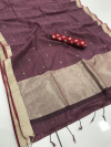 Coffee color linen silk saree with checks and zari woven pallu