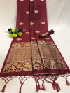 Maroon color soft banarasi silk saree with zari weaving pallu and butti