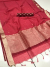 Red color linen silk saree with checks and zari woven pallu