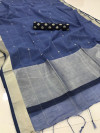 Blue color linen silk saree with checks and zari woven pallu