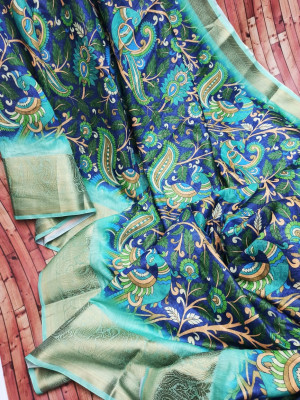 Handloom linen saree with digital printed zari woven pallu
