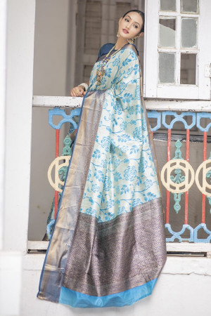 Firoji color soft silk weaving saree with zari woven border and pallu