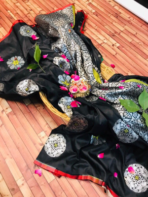 Black color lichi silk Zari weaving Work Saree
