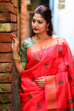 Red color banglori raw silk  Zari Woven work saree