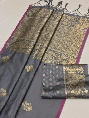 Gray color soft banarasi silk saree with zari weaving pallu and butti