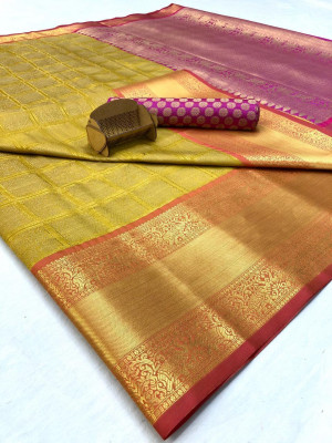 Yellow color kanchipuram Handloom Weaving Silk Saree