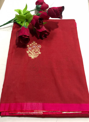 Red color soft banarasi silk saree with zari weaving pallu and butti