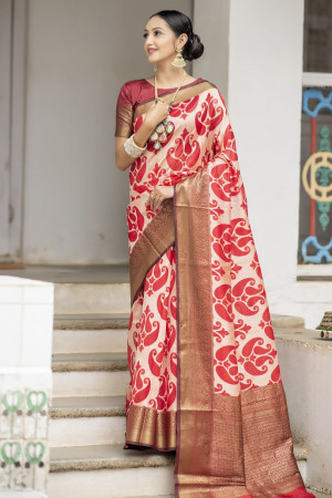 Red color soft silk weaving saree with zari woven border and pallu