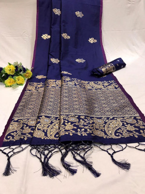 Navy blue color soft banarasi silk saree with zari weaving pallu and butti