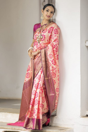 Pink color soft silk weaving saree with zari woven border and pallu