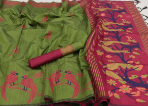 Mehndi green color handloom raw silk saree with woven contrast pallu