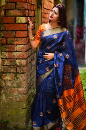Blue color banglori raw silk  Zari Woven work saree