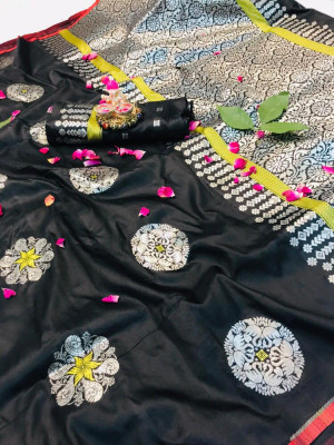 Black color lichi silk Zari weaving Work Saree